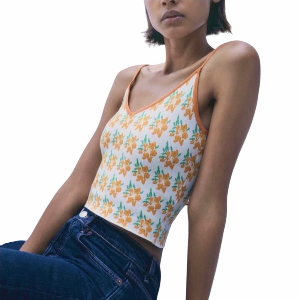Zara Floral Jacquard Knit Camisole Tank Top Size M